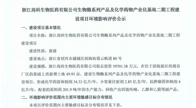 浙江美狮会网址医药有限公司生物酶系列产品及化学药物产业化基地二期工程建设项目环境影响评价公示